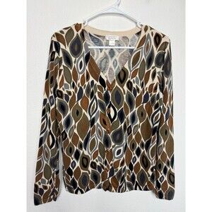 Christopher & Banks Small Cardigan Sweater Brown Leaf Print V-Neck Button Front